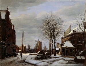 Grijpsteenmarkt (Mercado de la Piedra) en Ámsterdam con el edificio "Het Zeerecht" en invierno (Las Slypsteenen en Ámsterdam) de George Pieter Westenberg