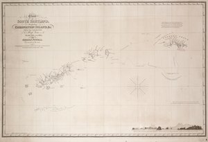 Carta de las Shetland del Sur incluyendo la Isla Coronación, de la exploración de la balandra Dove en los años 1821 y 1822 por George Powell Comandante de la misma.