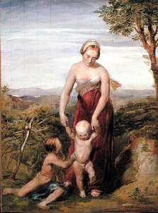 Una mujer con dos niños en un paisaje montañoso de George Richmond