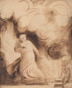 Una madre con su hijo en brazos volando sobre las murallas de una ciudad en llamas (Lady Hamilton como "Andrómaca" escapando de la quema de Troya; El fuego) de George Romney