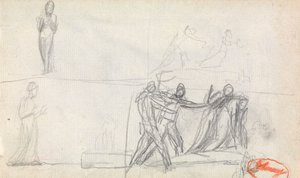 Escena colectiva y dos bocetos de una figura de pie