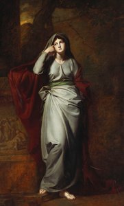 Il Penseroso, o Melancolía: Una figura femenina, de cuerpo entero, vestida con túnicas verde pálido, de pie en un paisaje, apoyando su codo izquierdo en un pedestal con un friso clásico de George Romney