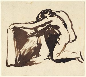 Figura desnuda arrodillada que escribe en una tablilla grande de George Romney