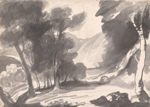 Estudio paisajístico: bosquecillo, lago y montañas de George Romney