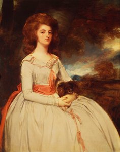 Retrato de la Sra. Moody, segunda esposa de Samuel Moody, sentada a tres cuartos de longitud con un vestido blanco adornado con lazos rosas y una faja rosa, sosteniendo un perro en su regazo, en un paisaje de George Romney