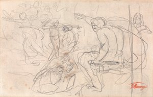 Figura posiblemente sentada que pronuncia un juicio sobre una figura arrodillada de George Romney