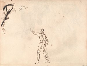 Figura de pie con un brazo levantado, posiblemente Macbeth