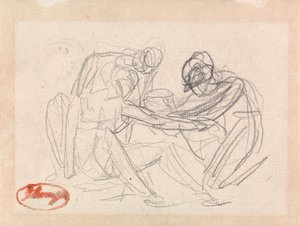 Dos figuras arrodilladas ante una figura sentada