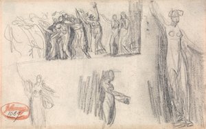 Mujeres y niños huyendo y tres bocetos de una figura femenina de pie de George Romney