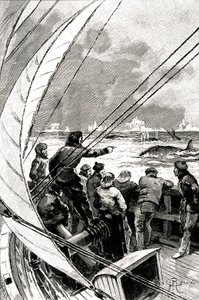 En el mar hacia el Polo: la tripulación de un barco (velero) ve un grupo de ballenas. Ilustración de la novela de Julio Verne "La Esfinge de los Hielos" de George Roux
