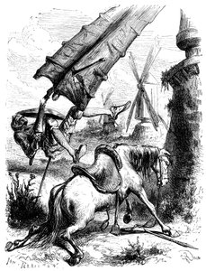 Batalla contra los molinos: Don Quijote y Rossinante son arrojados al suelo por el ala de un molino de George Roux