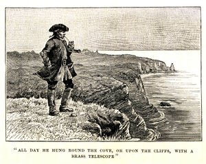 El capitán Billy Bones observa la llegada de los piratas desde el acantilado de George Roux