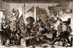 Dragonnades: persecuciones dirigidas contra las comunidades protestantes del Reino de Francia durante la década de 1680. Siglo XIX (grabado)