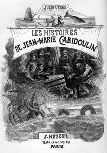 Frontispicio de la novela de Julio Verne "Les histoires de Jean-Marie Cabidoulin" (1901), Colección Hetzel/Extraordiaires, ilustración de George Roux. "Evocación de escenas marítimas: arponeo de una ballena, ataque de un barco por una serpiente marina". de George Roux