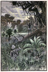 Ilustración de George Roux para el libro de Julio Verne "The Aerien Village" (1901), edición Hetzel/Extraordinary Voyages, Known and Unknown Worlds. Vista de un bosque africano (Congo). de George Roux
