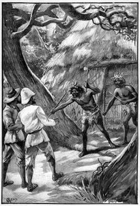 Ilustración de George Roux para el libro de Julio Verne The Aerien Village (1901), edición Hetzel/Extraordinary Voyages, Known and Unknown Worlds. Dos centinelas Wagdiss amenazan a los exploradores con sus armas ramificadas de George Roux