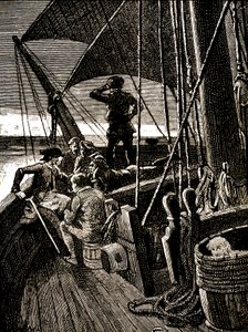 Jim Hawkins escucha por casualidad una conversación que revela el motín pirata