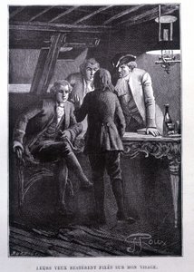 Escena de historia en la plaza del barco: joven Jim Hawkins frente al Dr. Livesey y el Caballero Trelawnay - en “La Isla del Tesoro” de Stevenson por Georges Roux, ed. Hetzel de George Roux