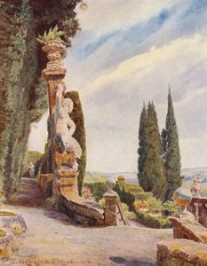 Jardines de Italia: Cabeza de la Gran Escalera, Villa Garzoni (litografía en color)