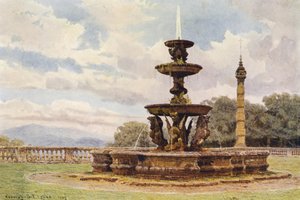 Jardines italianos: Fuente del Dragón, Villa Mondragone (litografía en color)