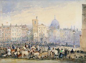 Vista del mercado de Smithfield con figuras y animales, Ciudad de Londres, 1824