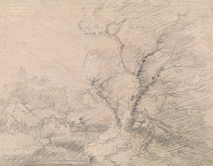 Paisaje con pasarela y gran árbol de George Smith