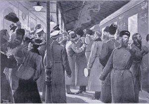El zar despidiéndose de los oficiales de la Guardia Imperial, ilustración de la Historia de la Guerra Ruso-Japonesa de Cassell Vol 1, c.1900 de George Soper