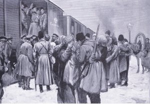 Salida de tropas rusas hacia el Lejano Oriente, ilustración de la Historia de la Guerra Ruso-Japonesa de Cassell Vol 1, c.1900