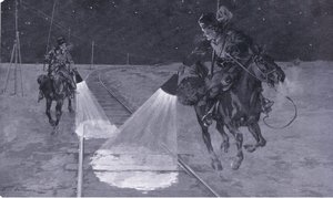 En un ferrocarril de Manchuria: Patrulla nocturna, ilustración de la Historia de la Guerra Ruso-Japonesa de Cassell Vol 1, c.1900 de George Soper