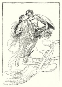 Perseo: "Perseo levantó a su bella Andrómeda en sus brazos y huyó con ella a la cima del acantilado" (litografía) de George Soper