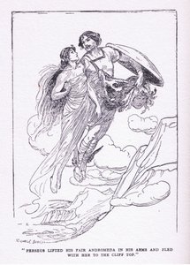 Perseo levantó a su bella Andrómeda en sus brazos y huyó con ella a las cimas de los acantilados, de Los Héroes publicado por George Allen y Unwin 1929 de George Soper
