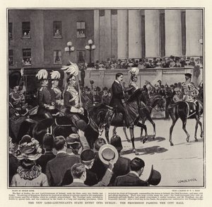 La entrada oficial del nuevo Lord Teniente en Dublín, la procesión pasando por el Ayuntamiento de George Soper