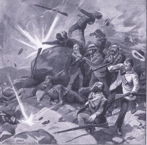 La última resistencia de la policía de Johannesburgo en Bergendal, ilustración de Después de Pretoria: La Guerra de Guerrillas, 1902 de George Soper