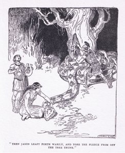 Entonces Jason saltó cansadamente y arrancó el vellocino del tronco del árbol, de Los Héroes publicado por George Allen and Unwin 1929