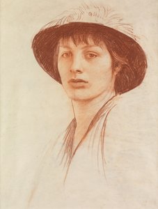 Mujer con sombrero de plumas (tiza roja sobre vitela)