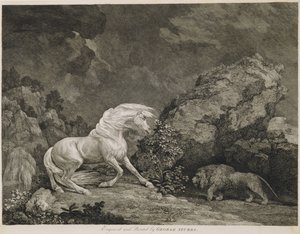 Un caballo asustado por un león, grabado por el artista