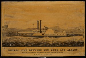 Peoples Line entre Nueva York y Albany. Nuevo vapor de baja presión Isaac Newton, el más grande del nuevo o viejo mundo (litografía)