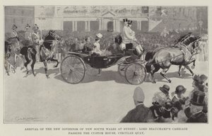 Llegada del nuevo gobernador de Nueva Gales del Sur a Sídney, el carruaje de Lord Beauchamp pasando por la Aduana, Circular Quay de George Washington Lambert