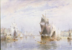 Pequeñas embarcaciones en el río en Whitby por el puente de Whitby, 1877