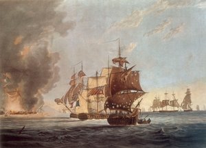 A los oficiales, marineros e infantes de marina de los buques de Su Majestad Amphion, Cerberus, Volage y Active, Esta placa representa... la voladura del Comodoro francés, frente a la isla de Lissa, en el Adriático, el 13 de marzo de 1811". de George Webster