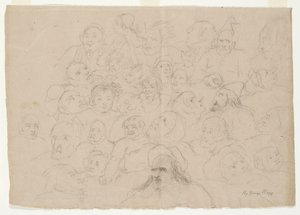Sin título - Numerosos bocetos de retratos, dibujados a grandes rasgos, de hombres, mujeres y niños