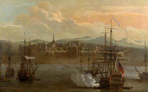Una pintura del Fuerte de San Jorge en Madrás, India. En 1731. Fuerte militar y puerto con barcos. Cañón de barco siendo disparado. Humo. Batalla.