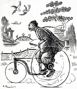 Caricatura de un hombre chino montando un triciclo en un parque en China