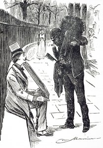 Una caricatura que representa a un deshollinador llevando sus cepillos por las calles de Londres. Ilustrado por George du Maurier (1834-1896) un caricaturista y autor franco-británico de George du Maurier