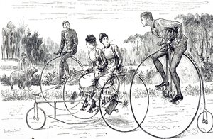 Caricatura que representa a un grupo de jóvenes montando triciclos de George du Maurier