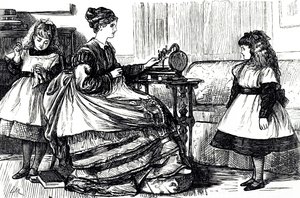 Una caricatura que representa a una joven madre usando una máquina de coser. Ilustrado por George du Maurier (1834-1896) un caricaturista y autor franco-británico
