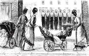 Un grabado que representa a niñeras empujando niños en cochecitos. Ilustrado por George du Maurier (1834-1896) un caricaturista y autor franco-británico de George du Maurier