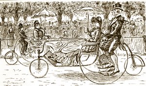 Un grabado que representa a pasajeros viajando en carruajes de bicicleta. Ilustrado por George du Maurier (1834-1896) un caricaturista y autor franco-británico