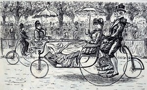 Grabado que representa a pasajeros montando en carruajes de bicicleta