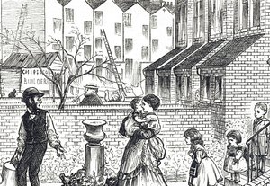 Caricatura comentando sobre la rápida expansión urbana y la construcción apresurada de George du Maurier